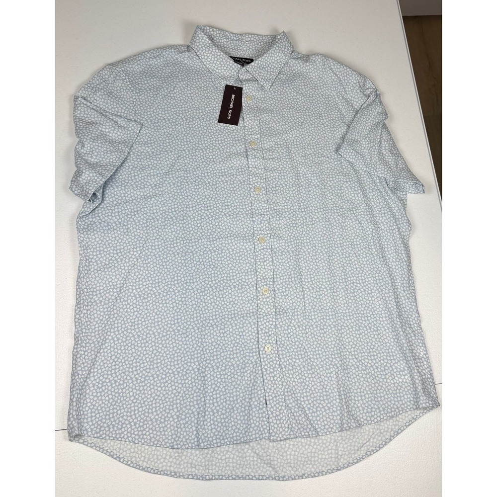 NWT Michael Kors Mens XL Short Sleeve‎ Button Down Shirt Blue Floral Linen Blend
